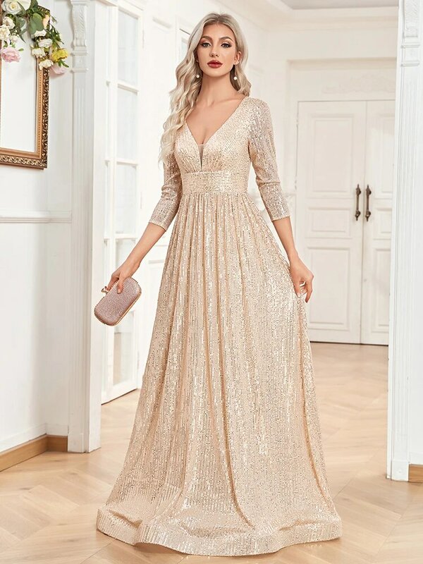 Prom Dress V Neck Long Sleeve Formal Evening Gown Sequin Wedding Party Prom Long Cocktail Dress