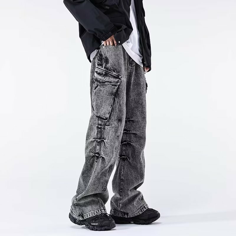 2024 Ropa Aesthetic Y2K Fashion Vintage Grey Baggy Cargo Jeans Pants For Men Clothes Pleated Streetwear Straight Long Trousers