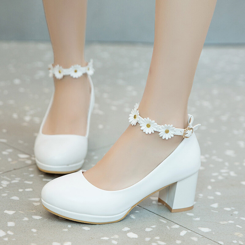 Size30-43 Girls Dress High Heel Shoes Women Strap Pumps Sweet Flower Platform High Heels Round Toe Party Wedding Shoes Princess