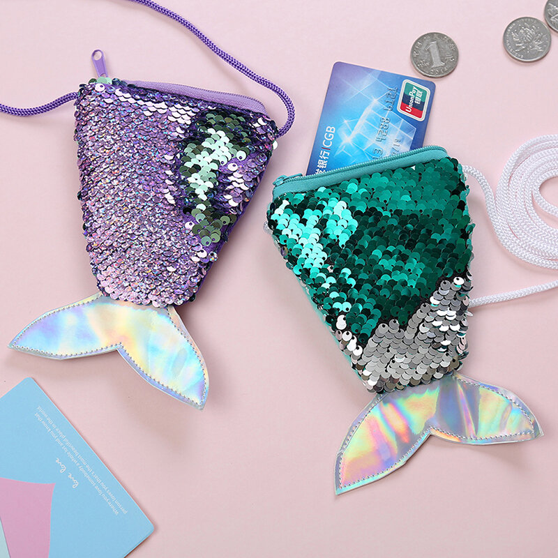 Mermaid Tail Sequins Coin Purse para crianças, bolsa de ombro bonito, estilingue, troca de dinheiro, titular do cartão, carteira, presentes infantis