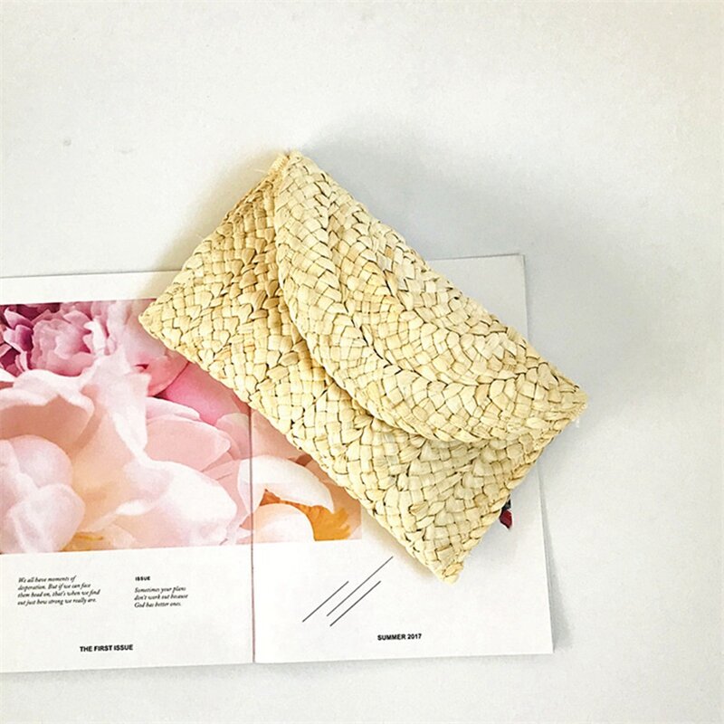 Women's Corn Husk Handmade Woven Purse Shoulder Bag Beach Straw Clutch Wallet For Women