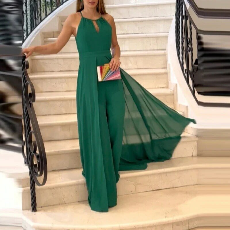 Combishort Everak en fibre amissié pour femme, combinaison longue élégante, couleur unie verte, taille haute, pantalon large, barboteuse d'été