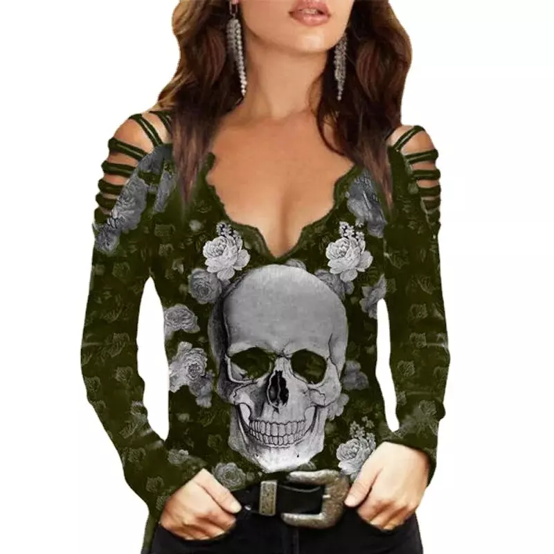 Fajna letnia nowa damska koszulka modna na co dzień z dekoltem w serek z odkrytymi ramionami seksowna czaszka z głową koszulka z nadrukiem gotyckim z dziurką długie rękawem