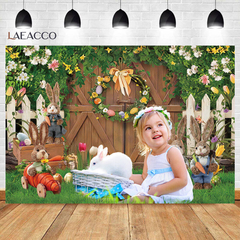 Toile de fond murale de planche de bois de Pâques, lapin de jardin de printemps, œufs de Pâques, couronne de fleurs, portrait de bébé nouveau-né, arrière-plan de photographie