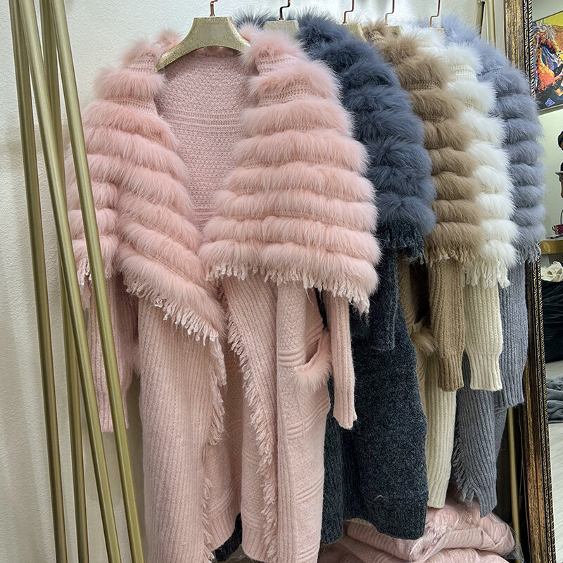 2024 New Real fur,Women Real Fox Fur Knitting Oversized Cardigan With Tassel Loose Autumn Winter Natural Fur Strip Loose-fit Lon