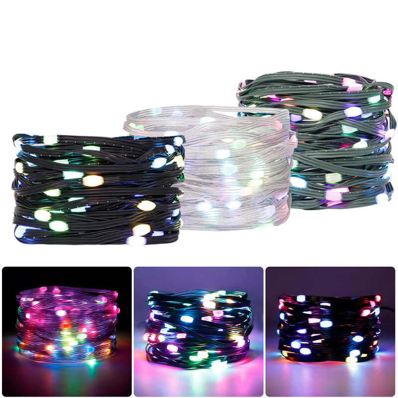 Impermeável LED String Lights, endereçável, transparente, verde, fio preto, RGB, Natal, DC5V, WS2812B, WS2812, 3Pin