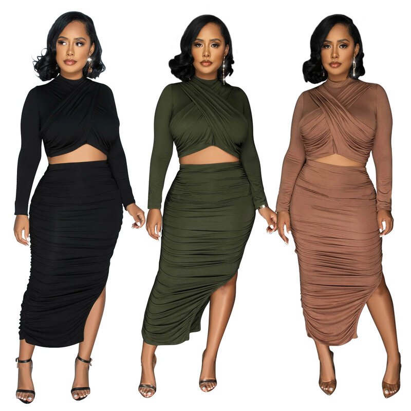 Fashion Women Solid Color Two-piece Set Pleated Round Neck Long-sleeved Skirt  Long Sleeves O Neck T Shirt and Split Skirt