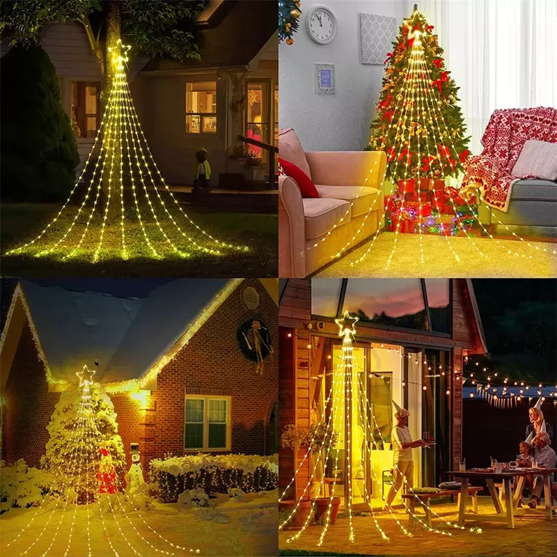 9x2M Christmas Decorations Star String Lights 190 LED Outdoor Waterfall Tree Lights with Topper Star Christmas Garland Light
