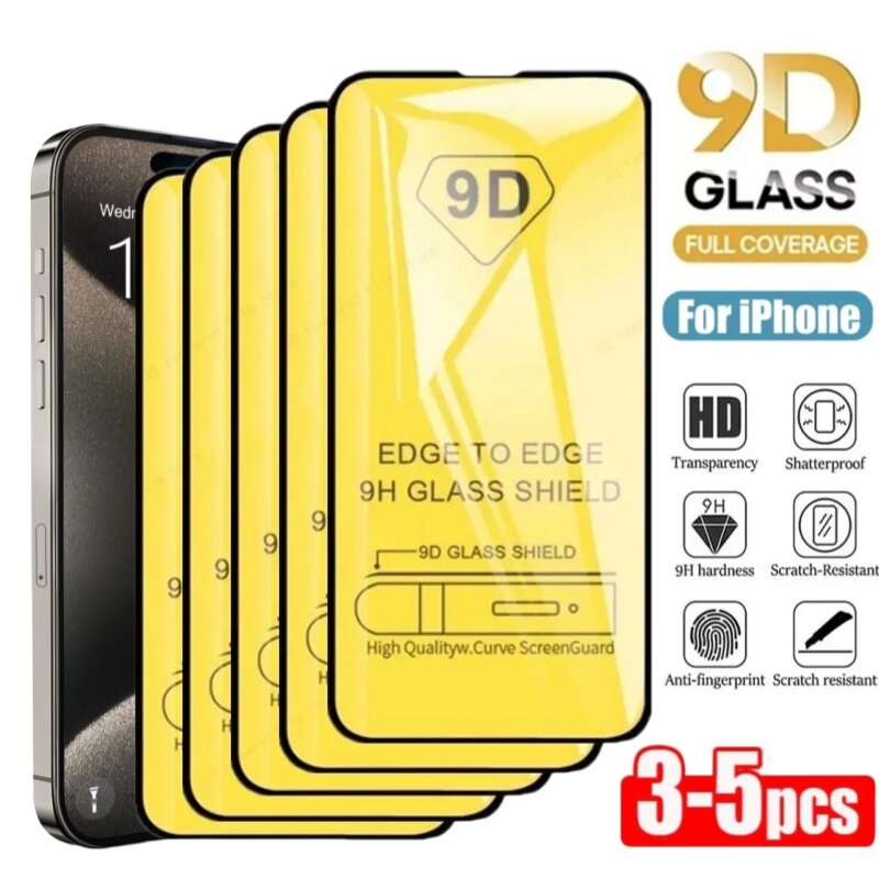 Protectores de pantalla de vidrio templado 9D, Sin borde, para iPhone 15, 14, 13, 12, 11 PRO MAX, XS Max, XR, 7, 8 Plus, 3 a 5 unidades