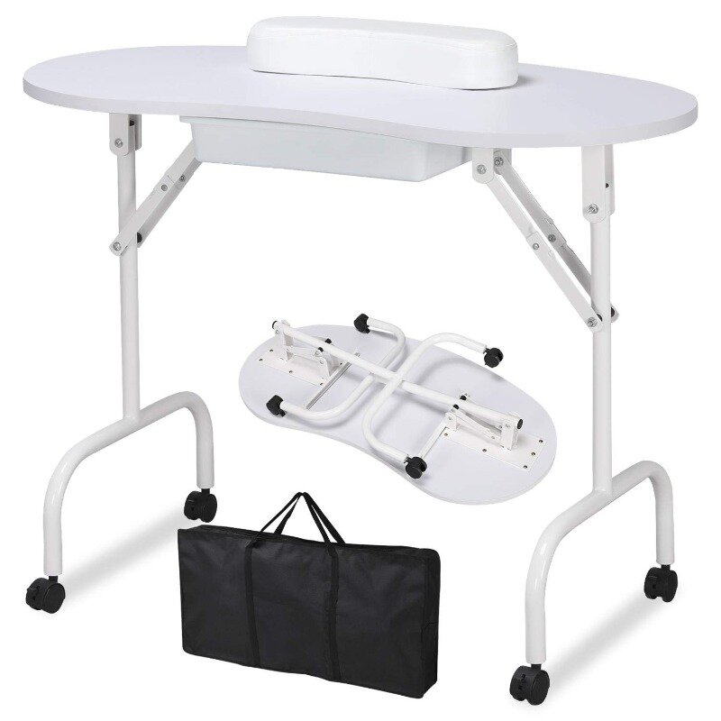 37-inch Portable &Foldable Manicure Table Nail Desk Workstation with Large Drawer/Client Wrist Pad/Controllable Wheels/Carrying