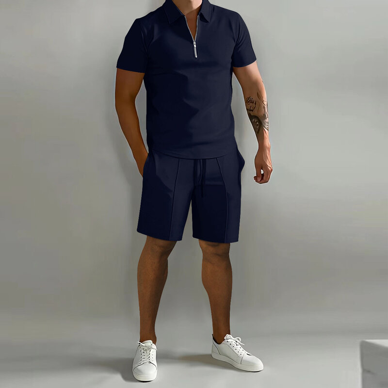 ชุดกางเกงขาสั้นผู้ชาย2ชิ้นเสื้อยืดแขนสั้นคอปกแบบลำลองมีซิปสีพื้นสำหรับฤดูร้อน