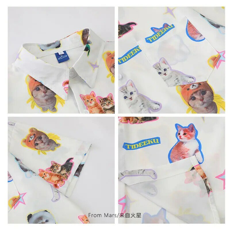 Deeptown Harajuku Kawaii Cat Print camicette donna Cute Graphic camicie a maniche corte bianche Cardigan oversize Casual da spiaggia