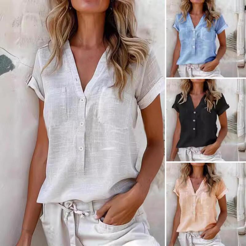 Casual Button-up Top V-neck Short Sleeve Top Stylish Women's V-neck Shirt with Buttons Pockets Solid Color Short for Summer