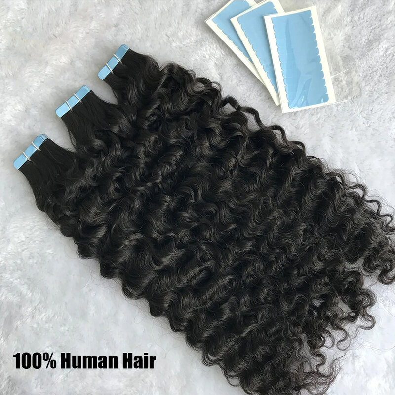 Tape In Human Hair Water Wave Extensions Full Head Remy Human Hair Skin Weft Wet and Wavy Curly Hair Invisible Tape ins Hair