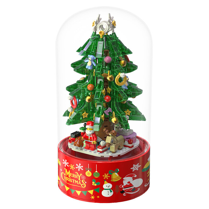 Bloques de construcción de caja de música de árbol de Navidad con luz, bricolaje, Papá Noel, regalos para niños, decoración de Navidad