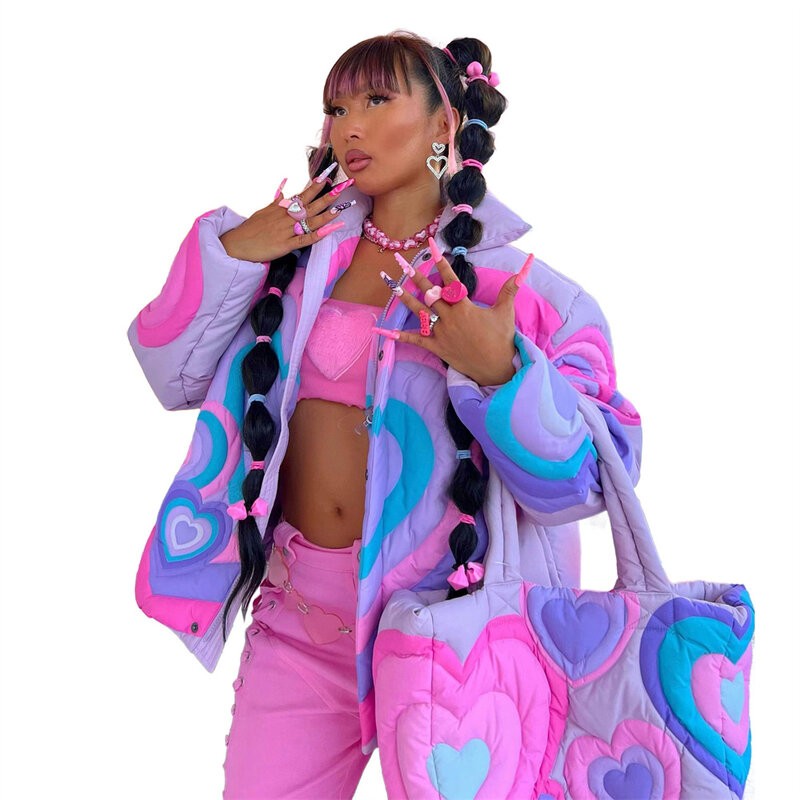 Prendas de Vestir exteriores de estilo euroamericano para mujer, ropa holgada acolchada de algodón con cuello levantado, cremallera de empalme de arcoíris, 2025