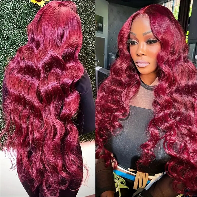 Borgonha Body Wave Lace Front peruca de cabelo humano para mulheres, colorido, sem cola, vermelho, 13x4, 13x6, HD, 99j