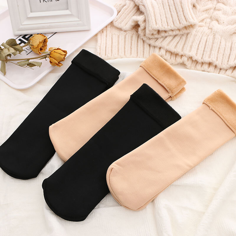 3 Pairs Thicken Winter Warm Women Socks Solid Color Thermal Socks Soft Plus Velvet Socks Casual Snow Socks Home Floor Black Sock