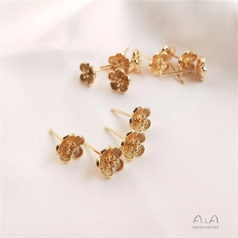 14K Gold Six Petals Plum Flower Earrings, simples feitos à mão, acessórios de orelha DIY, E053