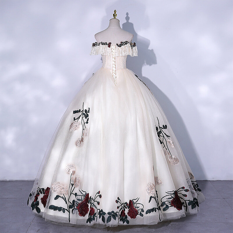 Off Shoulder White Flower Ball Gown Prom Dress Embroidery Appliqued Lace Pageant Evening Dress Homecoming Robe De Mariée