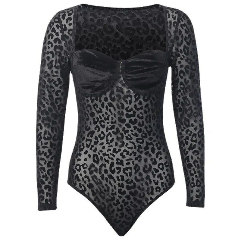 Leopard Pattern Patchwork Long Sleeved Jumpsuit European and American Women Spring Square Neck Mesh Slim Fitting Top