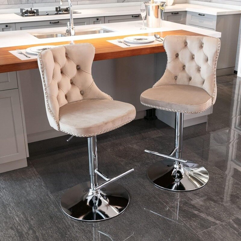 Bar Stools Set of 2, Adjustable Swivel Counter Height Barstools with Back for Kitchen Island, Velvet Upholstered Bar Chairs
