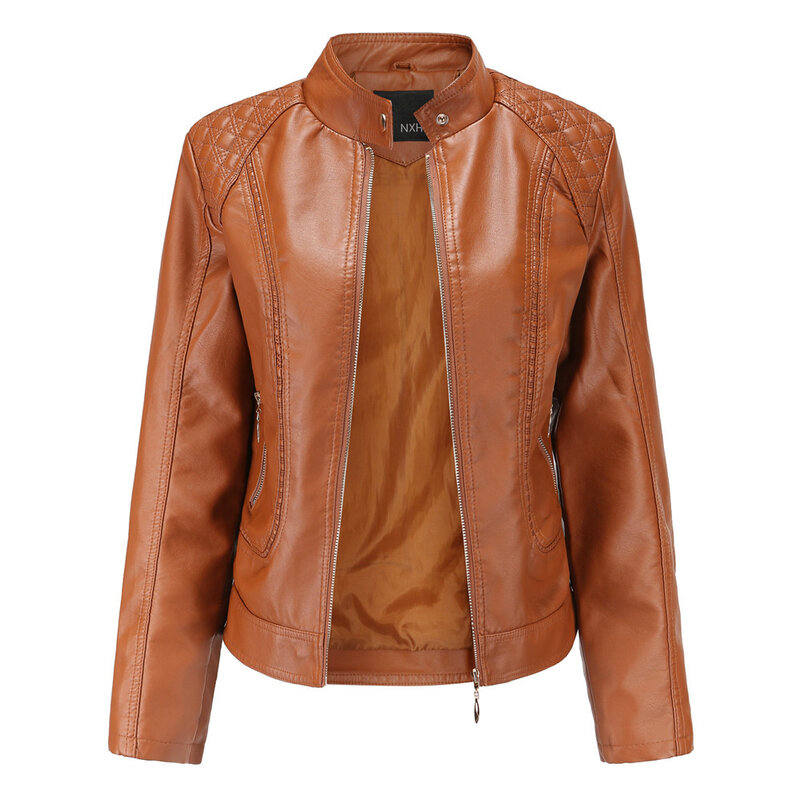 2024New  spring and autumn women's Leather Jacket Women's temperament large stand collar PU leather women's Leather Jacket