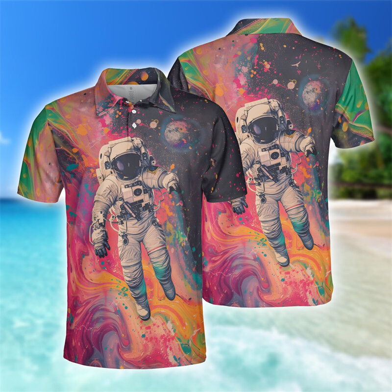 Kaus Polo grafis astronot Graffiti kartun, atasan lengan pendek pria, kaus POLO luar angkasa mode Harajuku