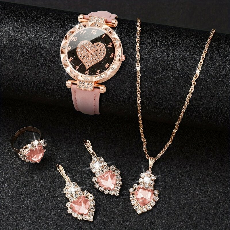 Kegllect-reloj de cuarzo con diamantes de imitación para mujer, conjunto de 5 piezas, accesorios en forma de corazón, regalo para madre y ella