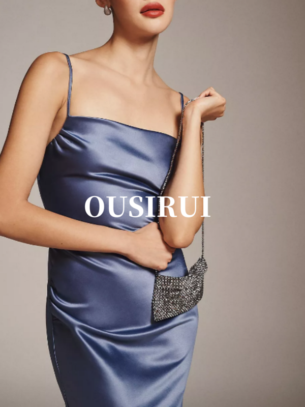 Oussirui satynowa sukienka do łydki niebieska seksowna dojrzała druhna ślubna z kwadratowym dekoltem bez pleców suknia wieczorowa poliestrowa damska sukienka
