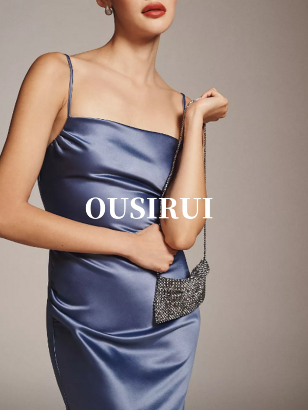 OUSIRUI-vestido de satén para dama de honor, traje Sexy de poliéster con cuello cuadrado y espalda descubierta, color azul, para boda y Noche