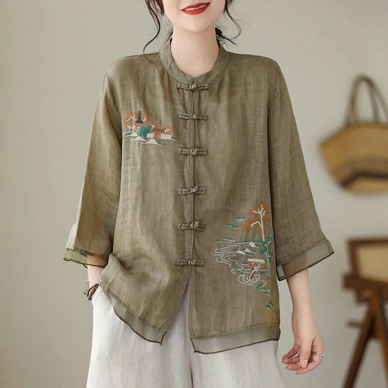 Рубашка женская повседневная в китайском стиле, свободная Удобная Базовая Блузка с винтажной вышивкой, лето 2024