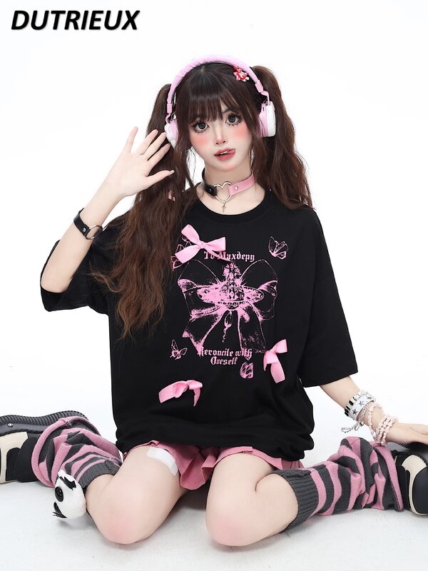 Sweet Cool Girls' Three-Dimensional Bow Girl Short Sleeve T-shirt Women's Summer Loose All-matching Round Neck Mid-Length Top