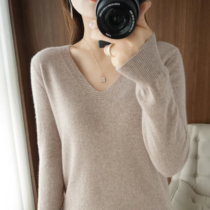 Женский трикотажный свитер, теплый облегающий пуловер с длинным рукавом и V-образным вырезом, корейский стиль, Осень-зима 2023