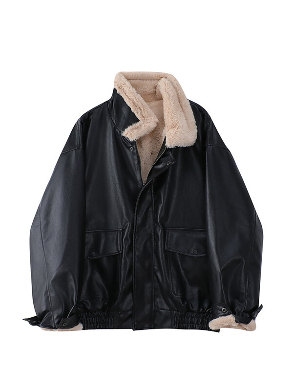 Jaqueta de couro de manga comprida feminina, lapela locomotiva, casaco de motocicleta PU, solto, lã de cordeiro quente, grosso, feminino, inverno