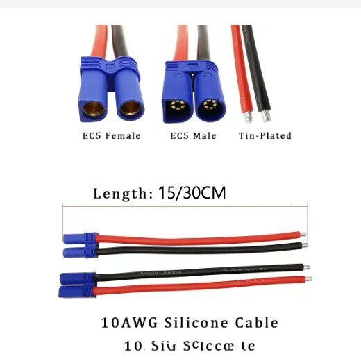 Conector de Cable de silicona para coche y barco, Conector de Cable de carga de batería Lipo, 10AWG, EC5, macho y hembra, juguete RC, 15/30CM