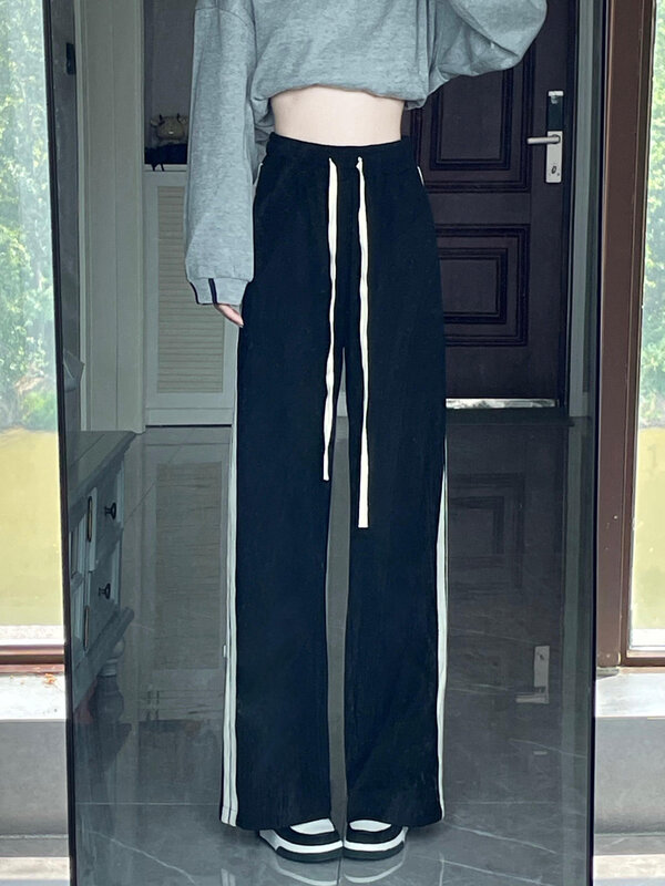 Black Casual Sports Pants For Women In Spring And Autumn, Loose, Straight Thin Wide Leg Pants High Waist Pants