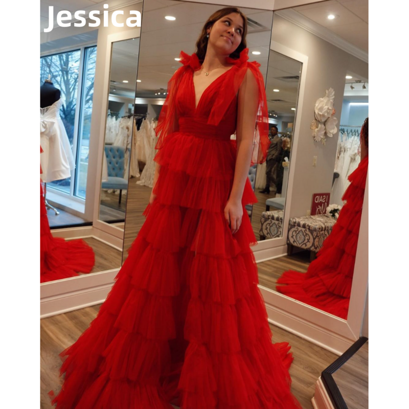 JESSICA ชุดงานพรอมสีแดงหวานชุดเดรสราตรีสำหรับเจ้าสาวผ้าทูลคอวีชุดคลุม Soirée2024ชุดเดรสปาร์ตี้งานแต่งงาน