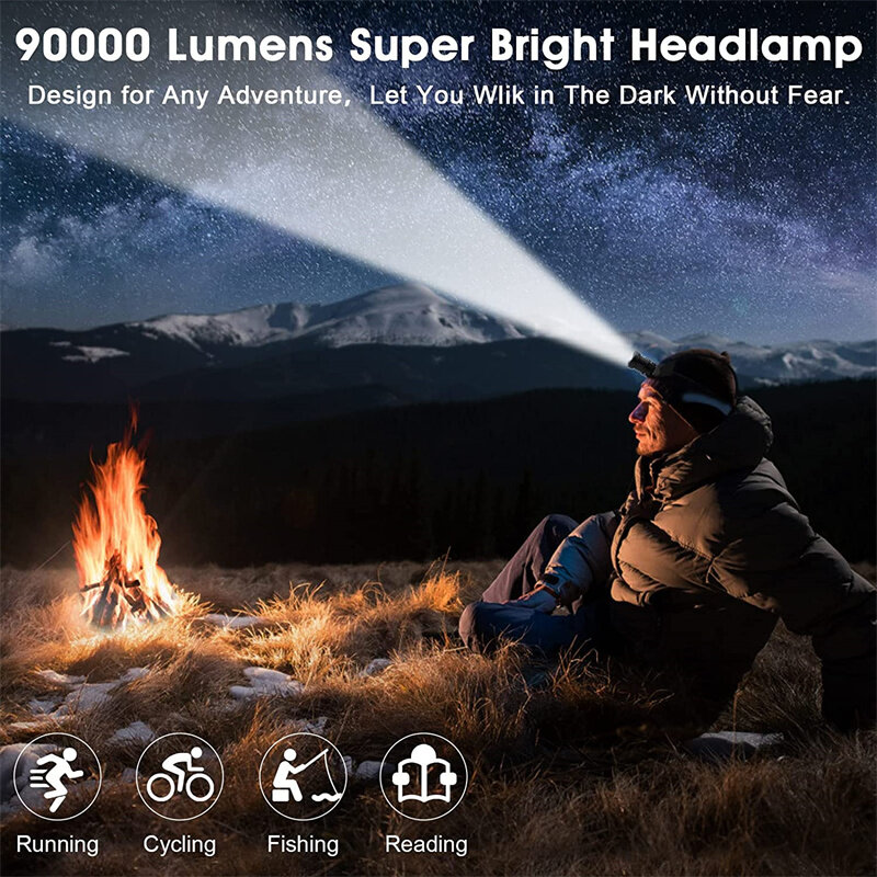 Lampe de Sauna LED 90000 Lumens, Zoomable, Rechargeable par USB, Étanche, Torche Frontale 18650 pour Camping en Plein Air