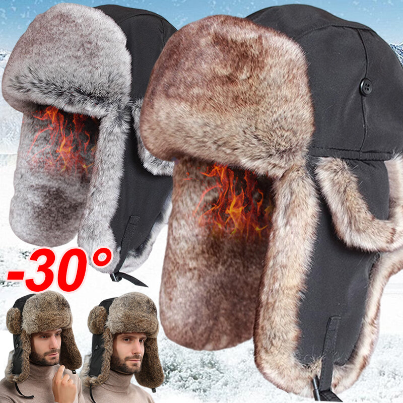 Chapéu bombardeiro grosso de peles artificiais para homens e mulheres, boné de orelha macia, bonés térmicos de esqui, tampas quentes para clima frio extremo, inverno