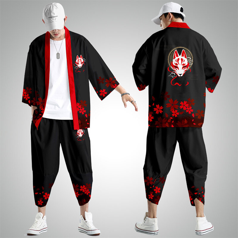 XXS-6XL Black Fox Printing Japanese Style Fashion Kimono And Pants Set Men Cardigan Blouse Haori Obi Asian Clothes