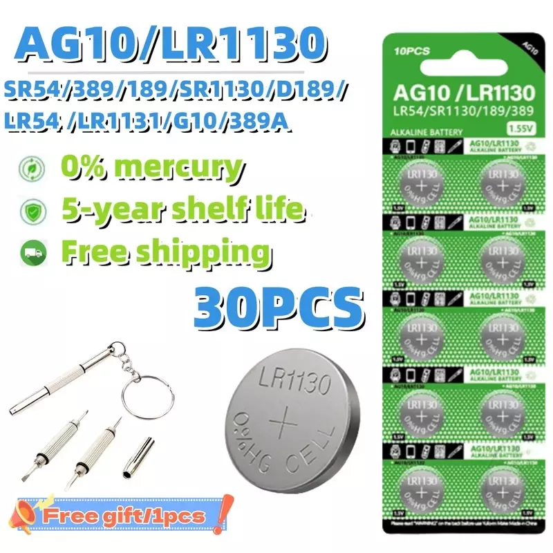 30PCS 1.55V AG10 LR54 Alkaline Button Batteries SR54 389 189 SR54 389 189 LR1130 SR1130 SR1130SW Cell Coin for Watch Toys Remote