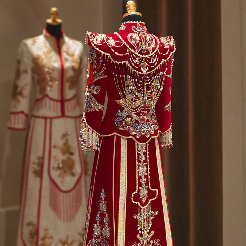 Women Red Velour Embroidery Chinese Traditional Dress Wedding Bride Handwork Beaded Vintage Cheongsam китайская одежда