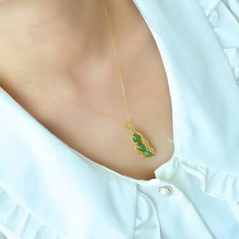 Copper Inlaid Natural Hetian Jade Jasper Fu Bean Fashion Exquisite Pendant Women Jewellery Gifts Jewelry Necklaces Bijoux Femmes