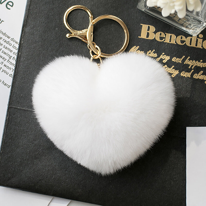 Solid Color Fluffy Pompom Keychain Gifts For Women Soft Heart Shape Pompon Fake Rabbit Key Chain Car Bag Accessories Key Ring