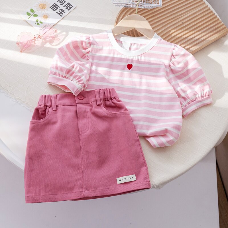 New Summer Girls Clothing Set Casual Cartoon Heart Stripe T-Shirt+Short Pants 2Pcs Suit For Girl Children Birthday Present