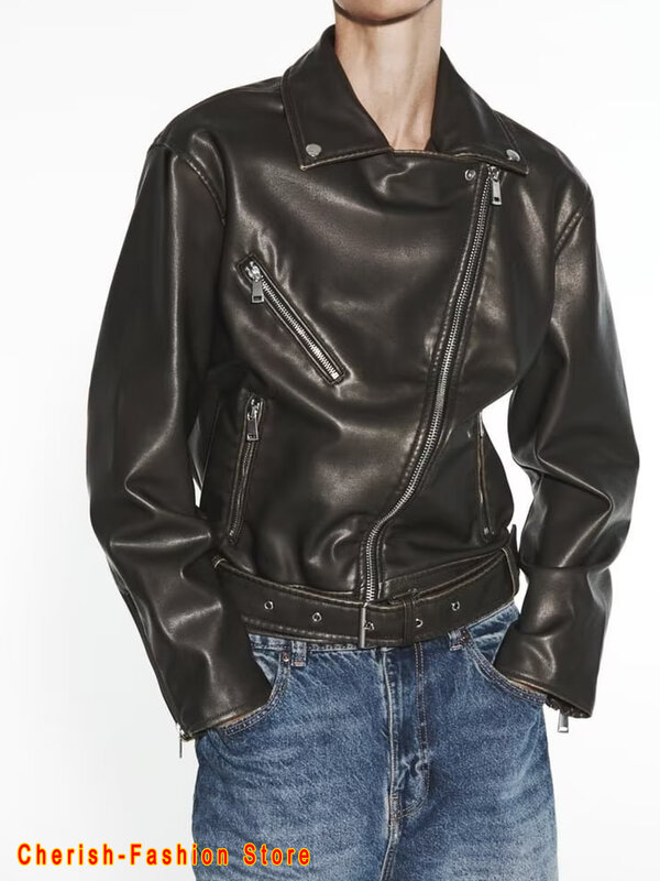 Jaket kulit Pu longgar wanita, atasan mantel Luaran Motor Retro ritsleting jalanan dengan sabuk bermerek 2023