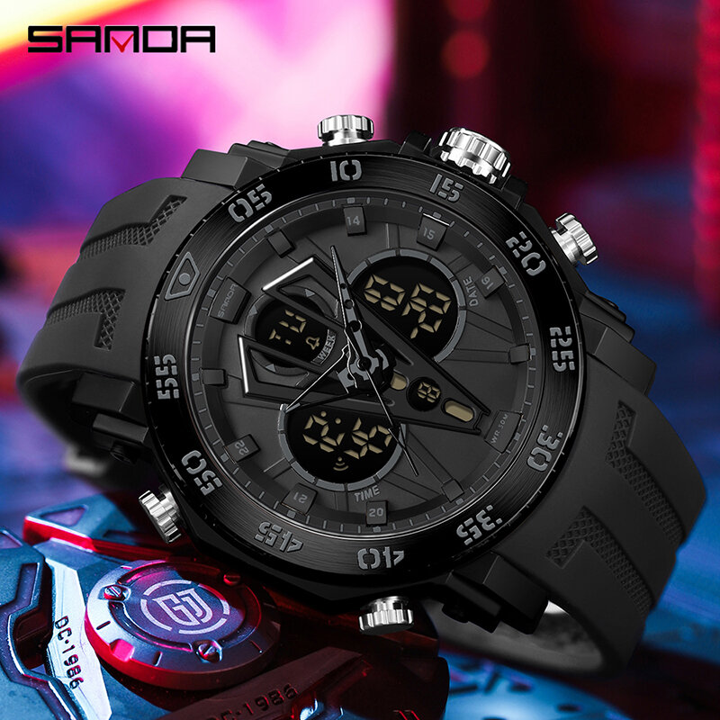 SANDA 디지털 시계 남성용 밀리터리 육군 스포츠 크로노그래프 쿼츠 손목시계, 50m 방수 남성용 전자 시계, 신제품 6105