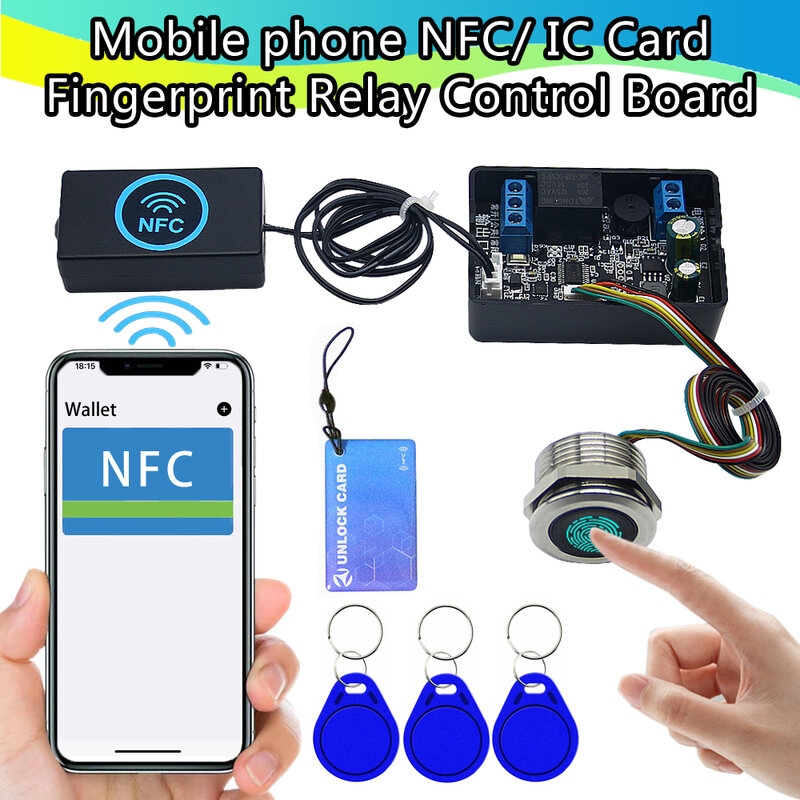 Telefone móvel NFC Indução Módulo Relé, Fingerprint Access Control Panel, controlador de cartão IC, porta do carro Desbloquear, DIY, DC10V-120V