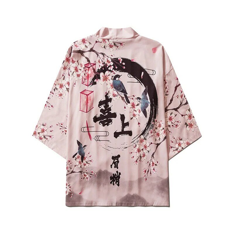 Tiktok-Kimono Obi Yukata Haori para hombre y mujer, cárdigan con estampado de flores y pájaros, abrigo japonés, ropa tradicional
